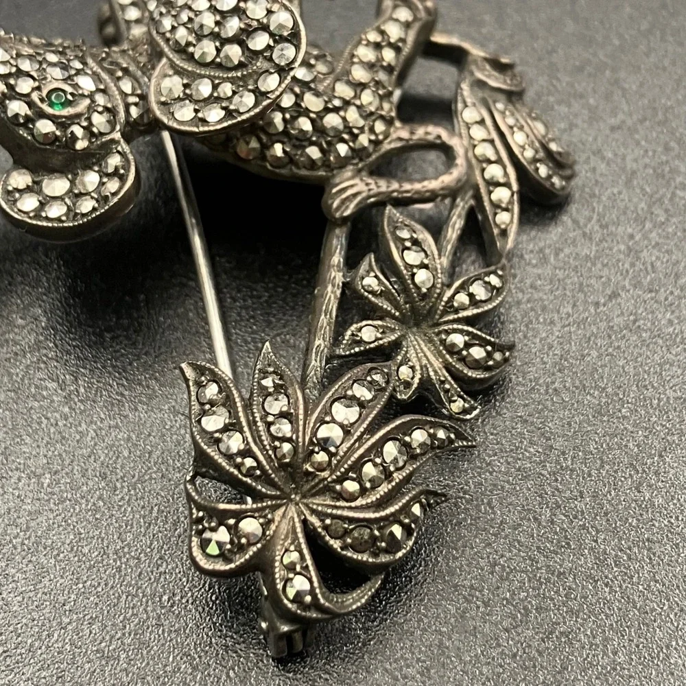 Vintage Sterling Silver Elephant Brooch Art Deco Marcasite Green Eye Palm Tree